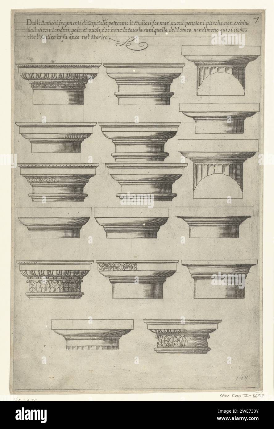 Diciassette capitelli toscani e dorici, Anonimo, dopo Giovanni Battista Montano, 1636 stampa in cima è la spiegazione. Dalla prima edizione. Dopo il disegno di: Italia (possibilmente)editore: Roma incisione cartacea Foto Stock
