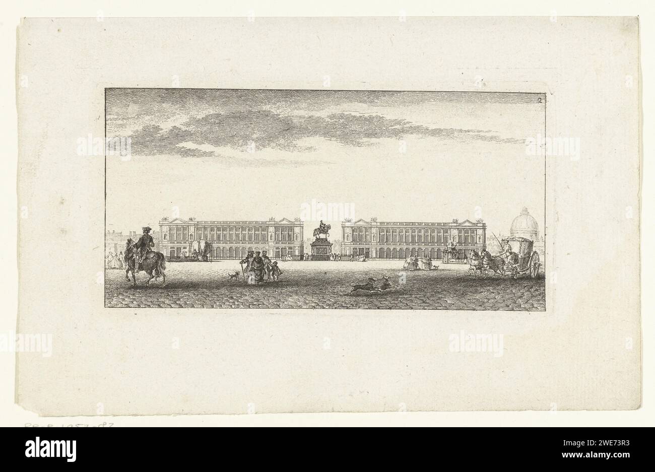 Veduta di Place Louis XV a Parigi, Jeanne Francesca Ozanne, 1755 - 1790 stampa Vista del lato nord di Place Louis XV, l'attuale Place de la Concorde, a Parigi. Al centro la statua equestre di Luigi XV Sulla piazza gruppi di camminatori, cani da gioco e carrozza. Tipografia: Francepublisher: Paris paper etching Paris. Place de la Concorde Foto Stock