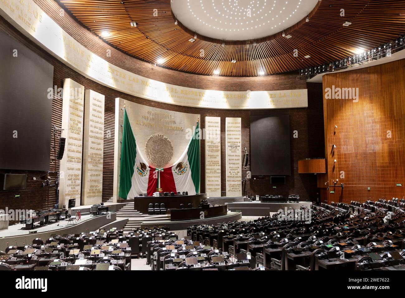 Città del Messico, Messico. 7 agosto 2023. Sala plenaria della camera dei deputati messicana. Palazzo legislativo di San Lazaro Foto Stock