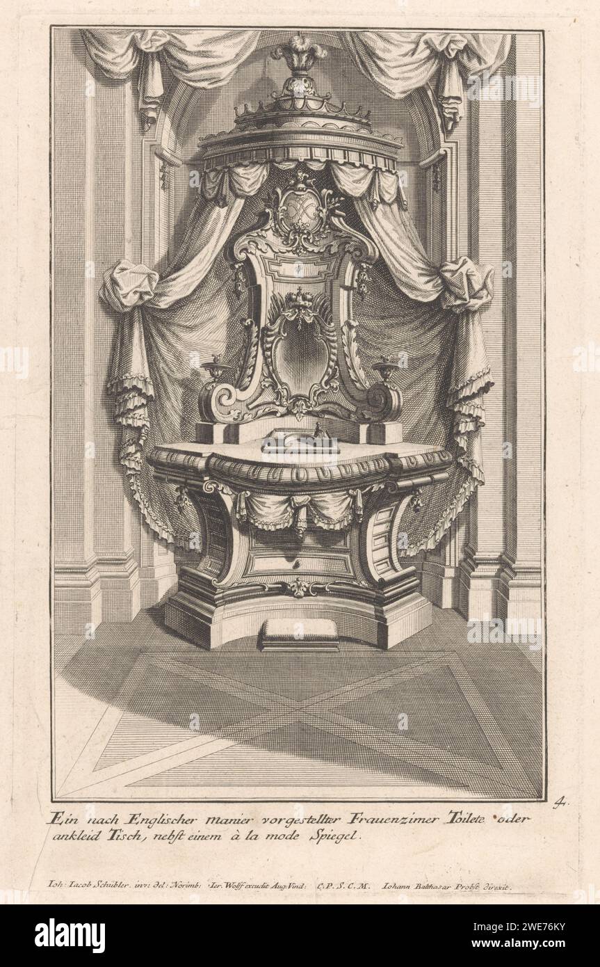 ToilettaFel, Johann Balthasar Probst, dopo Johann Jakob Schübler, 1709 - 1724 stampa Un tavolo da toilette con uno specchio sotto un baldacchino. Nel margine inferiore un testo tedesco a due righe. Dopo il disegno di: Neurenbergpublisher: Carta di Augusta incisione / incisione fare toilette - AA - (per) donne. baldacchino, baldacchino Foto Stock
