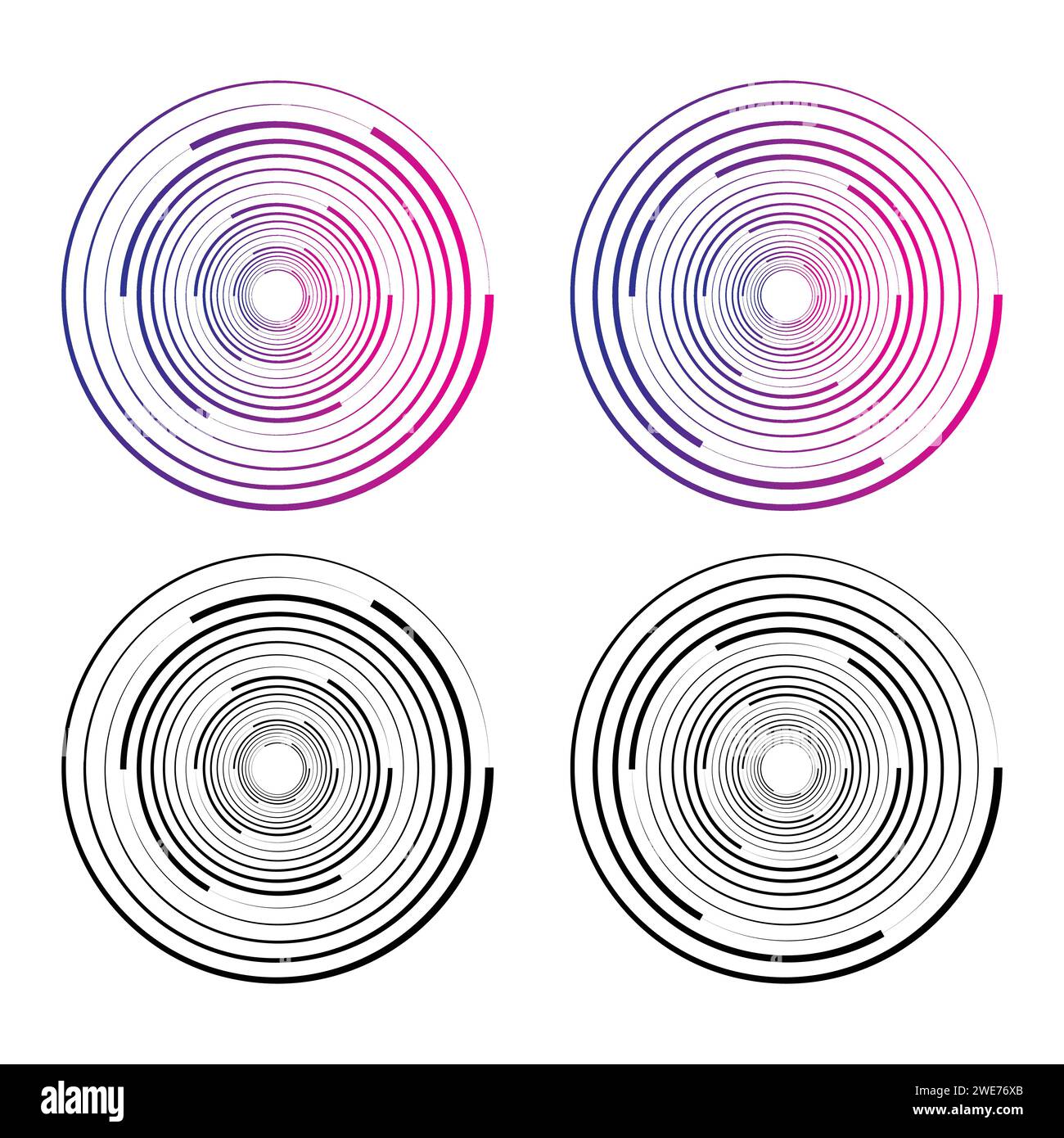 Cerchi casuali concentrici con linee dinamiche. Vortex Circular swirl (vortice circolare). Illustrazione Vettoriale