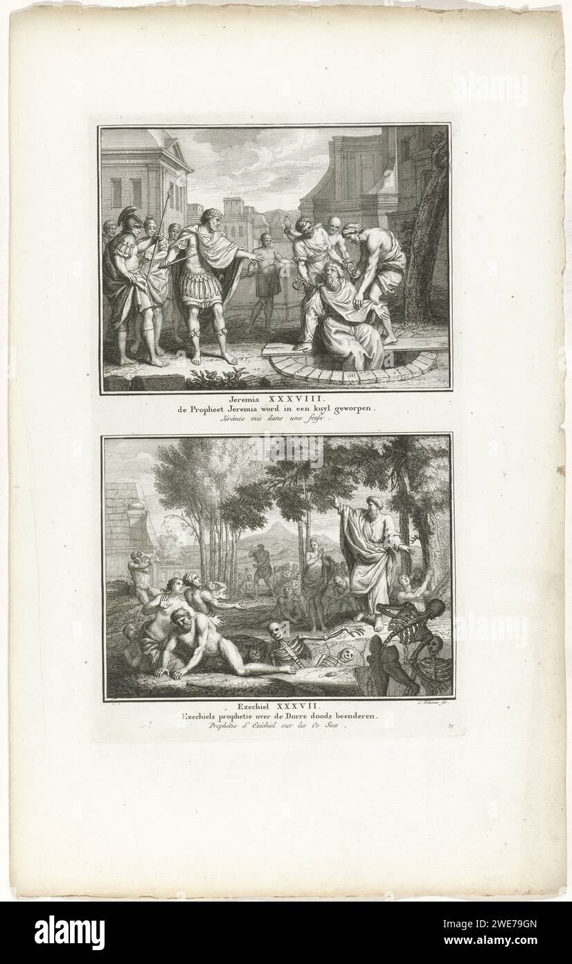 Jeremiah viene gettato in una fossa e la visione di Ezechiele, Jacob Folkema, 1791 stampa Two Biblical Performances from Jer. 38 ed Ez. 37. Il profeta Geremia è gettato in una fossa e la visione del profeta Ezechiele sulla valle dei morti. Due esibizioni di un piatto, ognuna con un titolo in olandese e francese. Completamente numerato in basso a destra: 74. Editore: Amsterdampublisher: Dordrecht paper che incide sulla prigionia di Jeremiah. Visione di Ezechiele della valle delle ossa secche (Ezechiele 37:1-10) Foto Stock