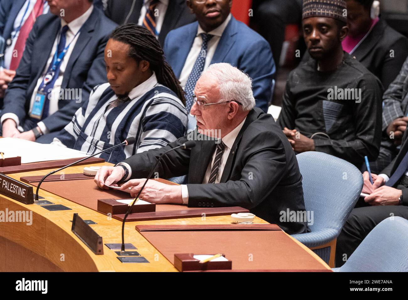 Il ministro degli affari esteri palestinese e degli espatriati Riyad al Maliki interviene durante la riunione del Consiglio di sicurezza sulla situazione in Medio Oriente, compresa la questione palestinese presso la sede delle Nazioni Unite a New York Foto Stock