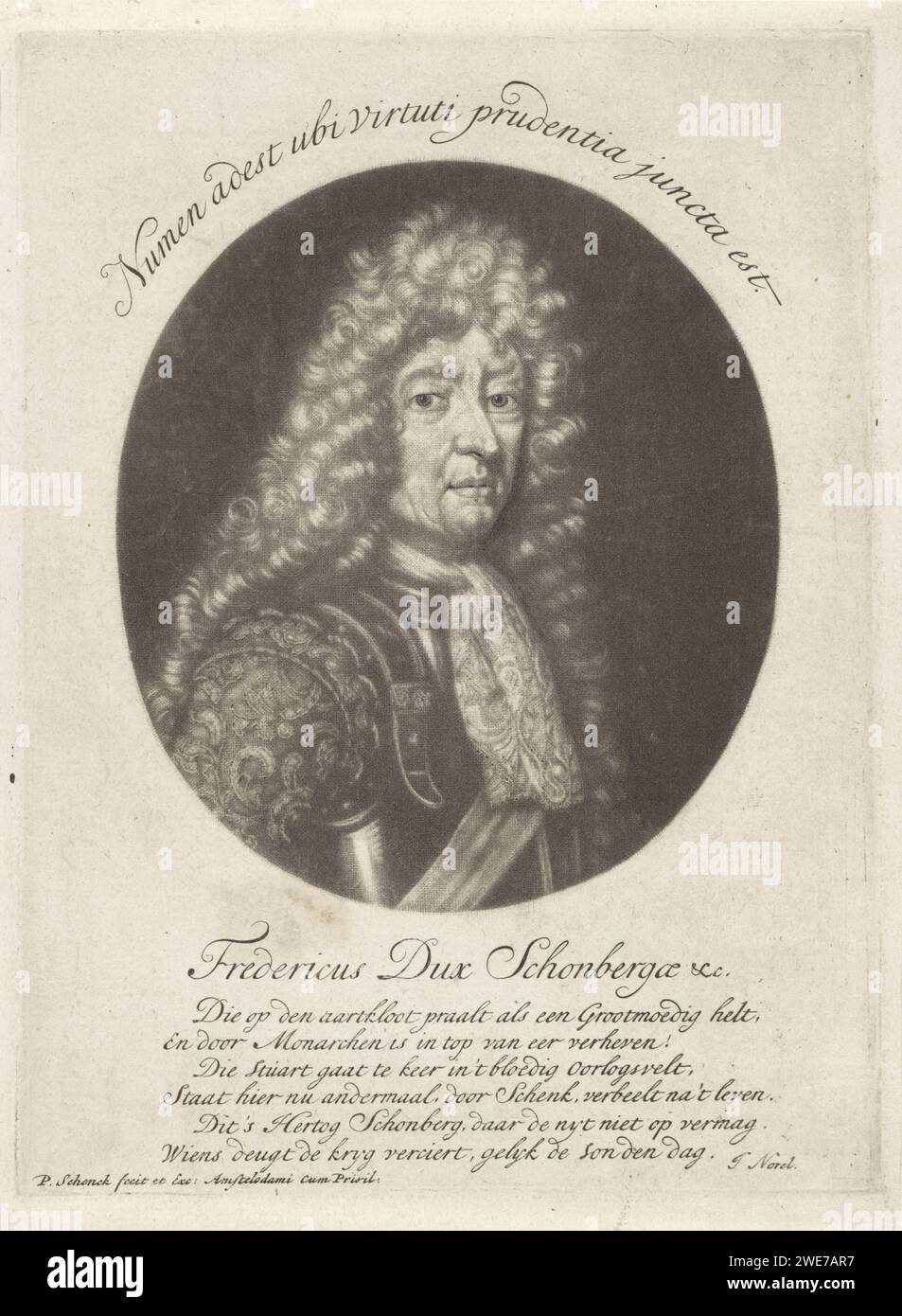 Ritratto di Friedrich Arnaud Hertog van Schomberg, Pieter Schenk (i), 1670 - 1711 stampa il generale Friedrich Arnaud Hertog van Schomberg. Sta indossando un'imbracatura. A margine un elogio per le sue arti da battaglia Imbracatura per incisione in carta Amsterdam Foto Stock