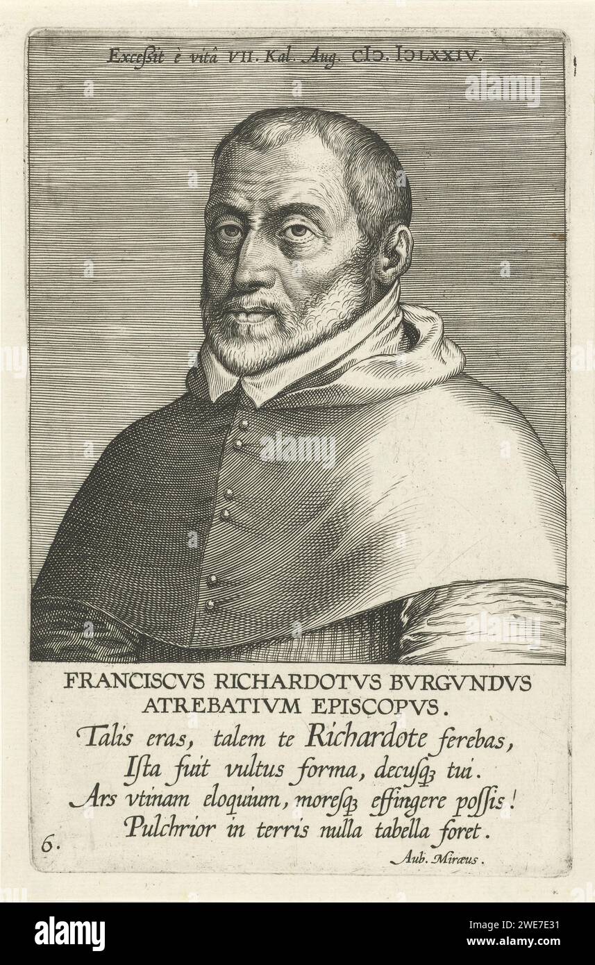 Portret van Francois Richardot, Philips Galle (attribuito alla bottega di), 1604 - 1608 stampa Ritratto di Francesco Richardot, vescovo francese di Artois. Busto a sinistra. La stampa ha una parte superiore e una didascalia in latino e fa parte di una serie di famosi studiosi olandesi e fiamminghi. Incisione in carta Anversa Foto Stock