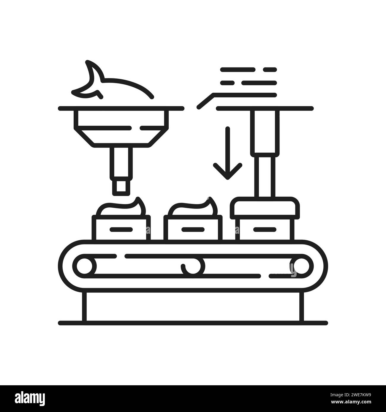 Lavorazione e produzione del pesce, trasportatore di sigillatura. Produzione commerciale vettoriale, frutti di mare conservati. Produzione di frutti di mare conservati in scatola Illustrazione Vettoriale