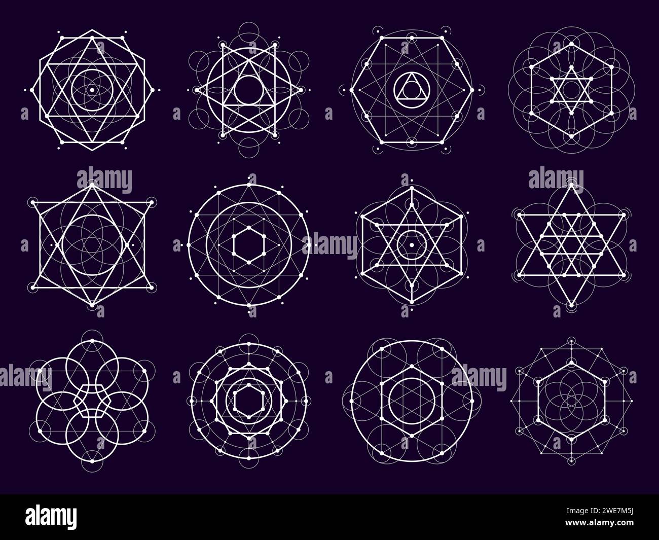 Forme geometriche sacre. Mistero, magia ed esoterici simboli delle arti spirituali Linee vettoriali circolari, triangolari, esagonali, quadrate e a stella di geometria sacra, pentagramma, mandala o griglia di cristallo Illustrazione Vettoriale