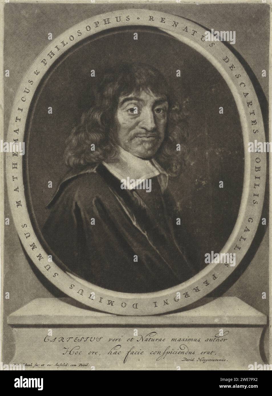 Ritratto di René Cartesio, Pieter Schenk (i), dopo Frans Hals, 1670 - 1713 stampa René Cartesio, filosofo e matematico francese. Incisione su carta di Amsterdam Foto Stock