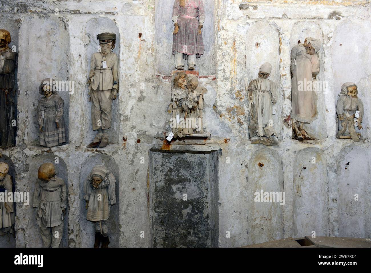 Cadaveri mummificati nelle catacombe dei Cappuccini di Palermo, Italia. Foto Stock