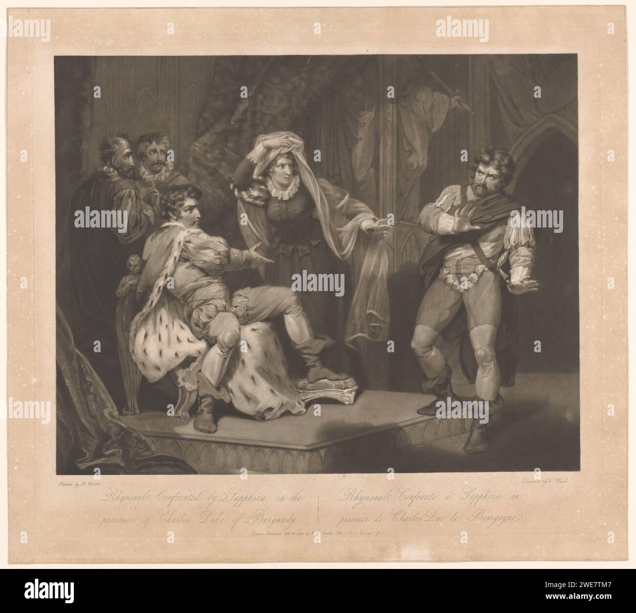 Rhynsault interrogato da Sapphira alla presenza di Charlemagne, William Ward, dopo Richard Westall, stampatore del 1791: Englandpublisher: London paper accusing Foto Stock