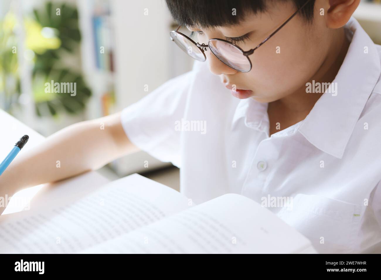 Un bambino intelligente che indossa gli occhiali si sta concentrando sulla lettura e sullo studio, tenendo una matita in mano e imparando. Foto Stock