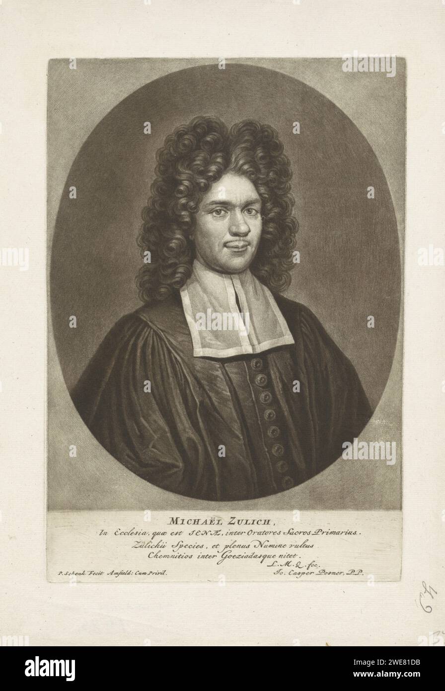 PortraT van de Predicant Michael Zulich, Pieter Schenk (i), 1670 - 1713 stampa Amsterdam paper Engraving Foto Stock