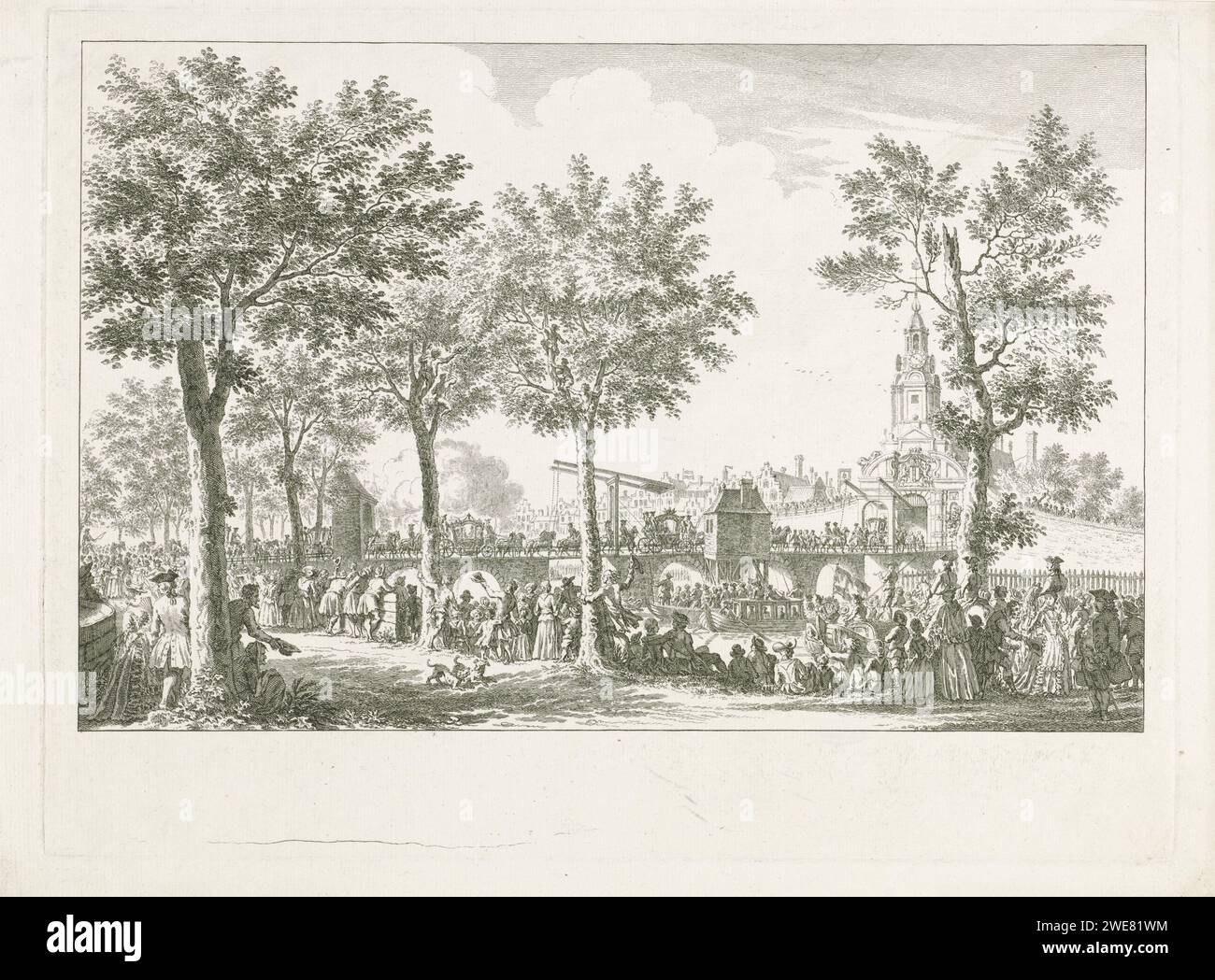 Arrivo di Willem V e Wilhelmina van Pruisen alla Haarlemmerpoort, 1768, Simon Fokke, 1769 - 1773 stampa arrivo della processione con lo Stadholder Willem V e la principessa Wilhelmina van Pruisen alla Haarlemmerpoort ad Amsterdam, il 30 maggio 1768. Con grandi gruppi di spettatori sulle banchine e sull'acqua. Parte di una serie di stampa con stampa del titolo e 14 registrazioni dell'Inducing the Prince and Princess ad Amsterdam, 30 maggio - 4 giugno 1768. Ingresso trionfale e ricevimento pubblico dei Paesi Bassi settentrionali, concorso, 'ingresso solenne', 'ingresso Joyeuse' Haarlemmerpoort Foto Stock