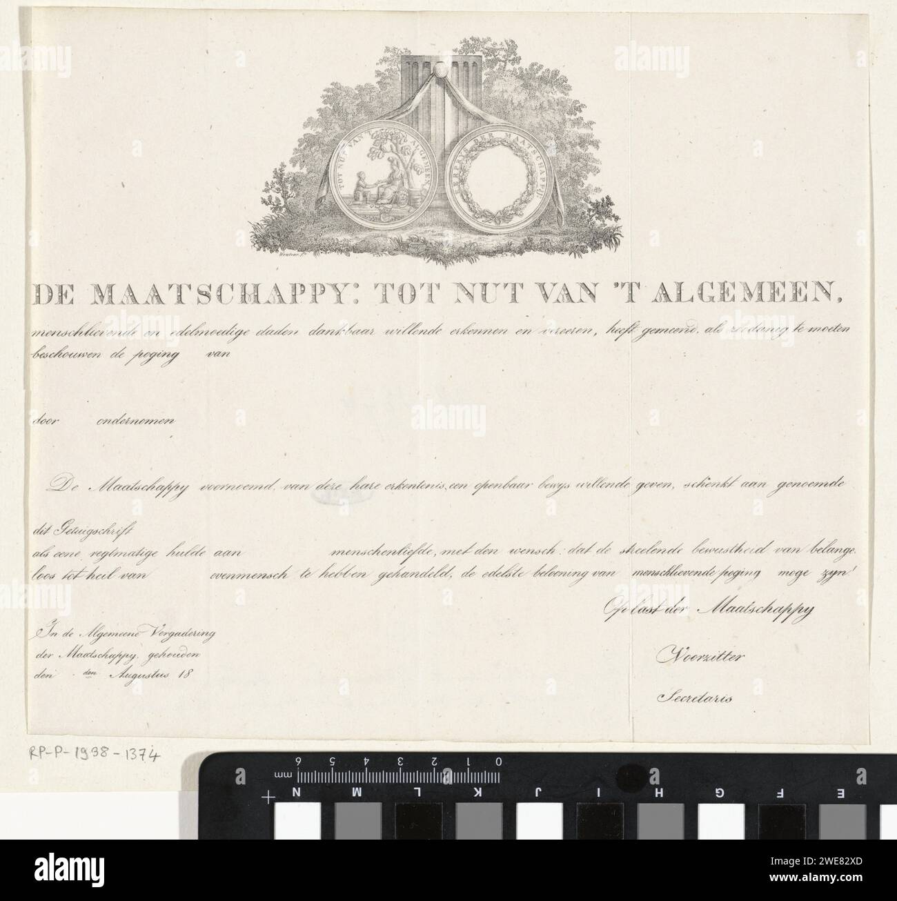 Vignetta per un certificato della Society Tot Nut van 't General, H. Wouters, 1825 - 1830 stampa carta incisa Foto Stock