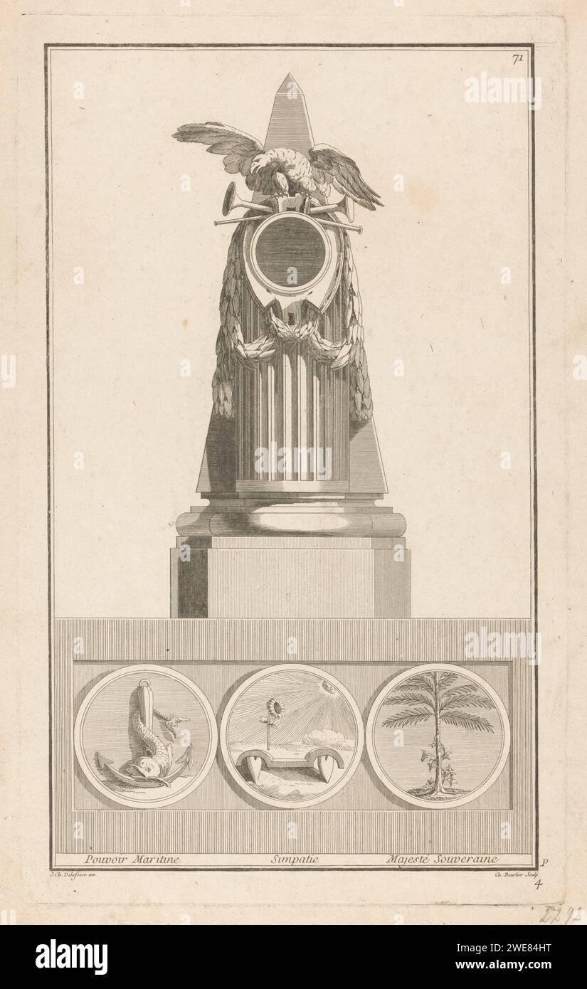 Marine, Sympathy in soevereine Majesteit, Charles Beurlier, dopo Jean Charles Delafosse, 1768 - 1771 stampare un pendolo decorato con ghirlande e un'aquila sulle trombe. Sotto i tre medaglioni rotondi, a sinistra con un'ancora e un delfino, al centro con un girasole e cuori e una palma a destra. Stampa il numero 71. Orologio per incisioni/incisioni in carta Parigi. marina. Misericordia, compassione; "Compassione", "Misericordia" (Ripa). sovrano, sovrano Foto Stock