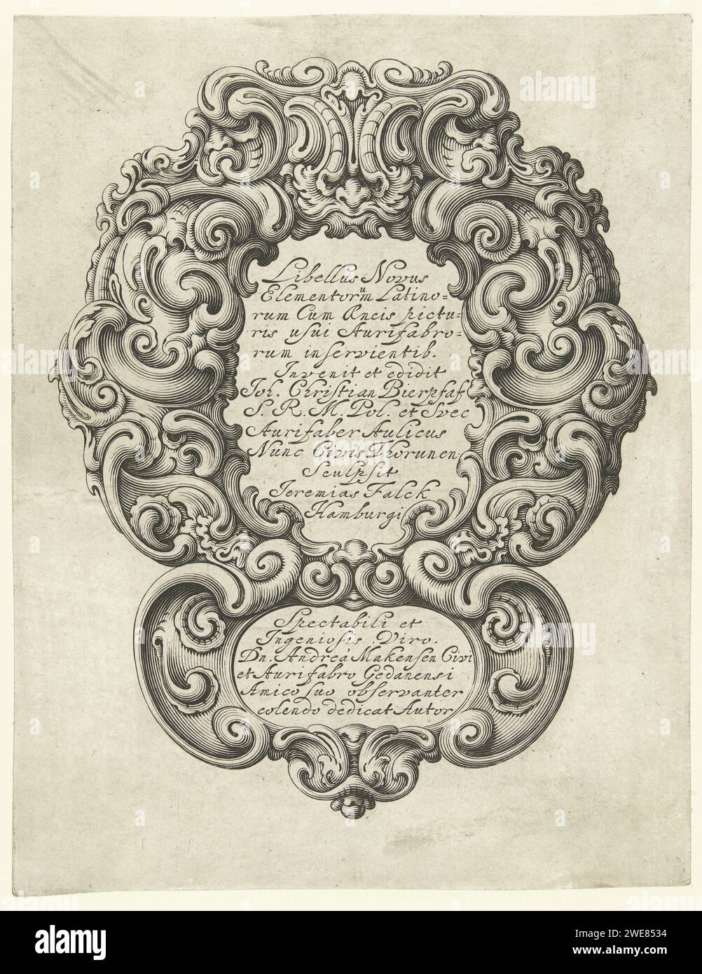 Titelblad: The Little book of the New Elements with Aenis Picture Use Aurifbrorum Inservientib, Jeremiah Falck, dopo Johann Christian Bierpfaf, c. 1645 - c. 1650 stampa il testo è in due compartimenti di un cartiglio. Frontespizio della serie di 26 fogli con lettere dall'alfabeto. Tipografia: Hamburgafter design by: Germany (possibilmente)Publisher: Germany (possibilmente) paper Engraving Foto Stock