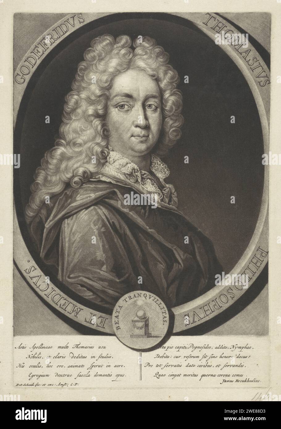 Ritratto di Godfried Thomas, Pieter Schenk (i), 1670 - 1713 stampa Godfried Thomas, medico di Norimberga. Indossa una parrucca. Parrucca per incisione in carta Amsterdam Foto Stock