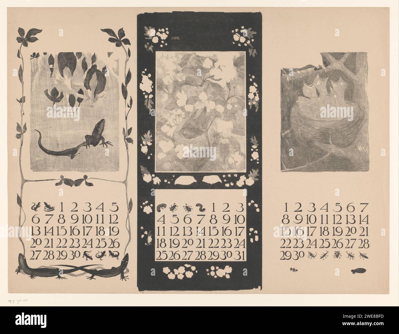 Calenders of April, and June, with Lizard and Birds, Theo Van Hoytema, calendario cartaceo del 1901, almanacco. lucertole. uccelli Foto Stock