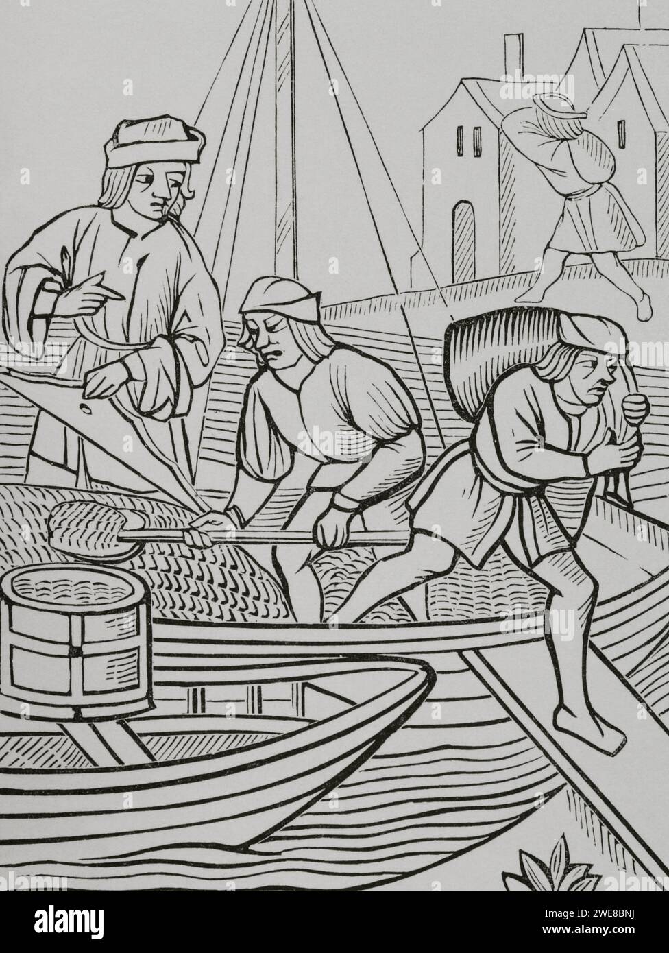 Francia. Parigi. Misurazione del sale. Incisione dopo "Ordonnances de la Prevoste des Marchands de Paris", 1500. "Moeurs, usages et costumes au moyen-âge et à l'époque de la Renaissance", di Paul Lacroix. Parigi, 1878. Foto Stock