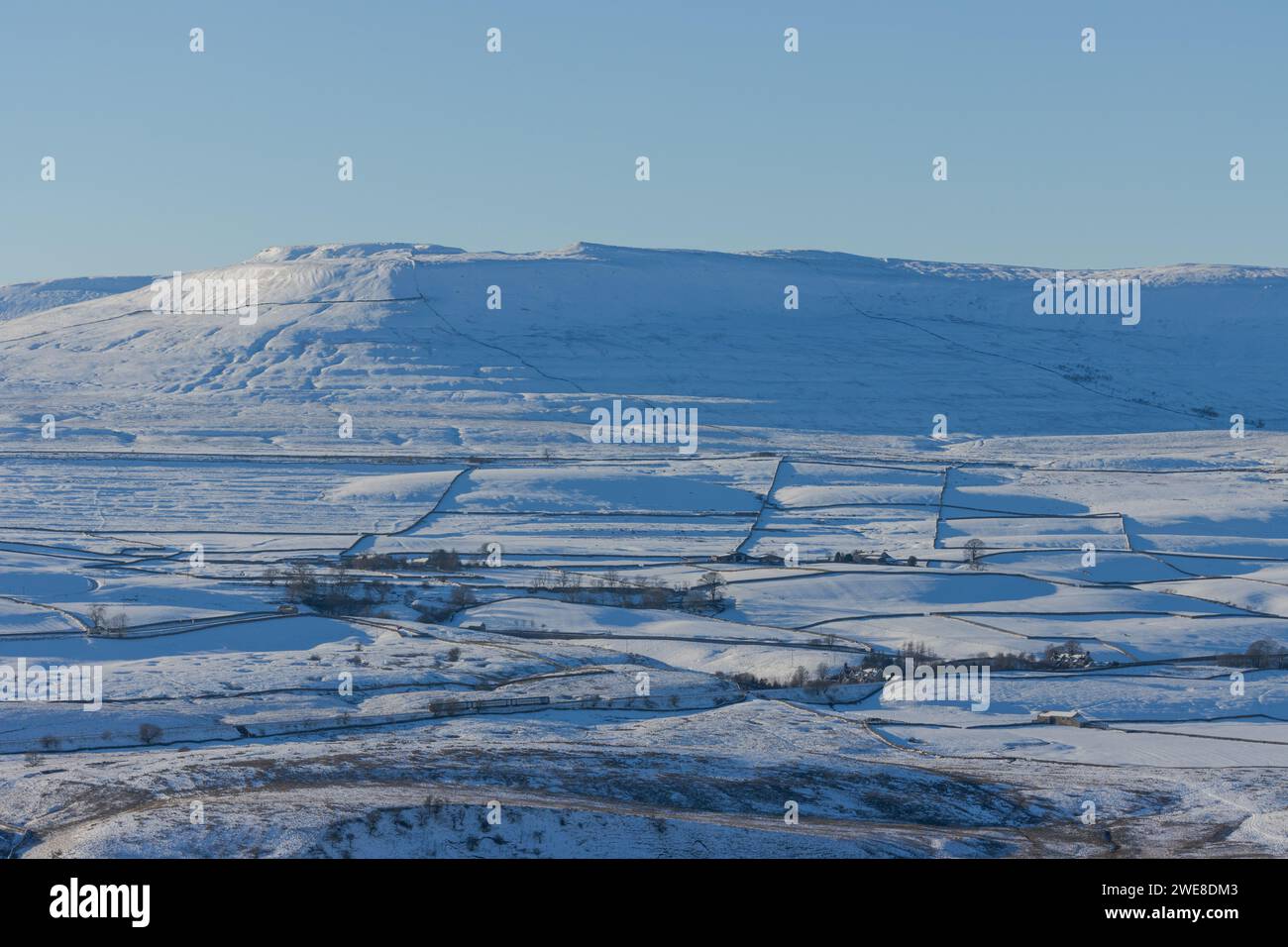 Campi attraversati da pareti a secco in inverno nel Parco Nazionale delle Dales dello Yorkshire, con molta neve a terra e cielo azzurro. Foto Stock