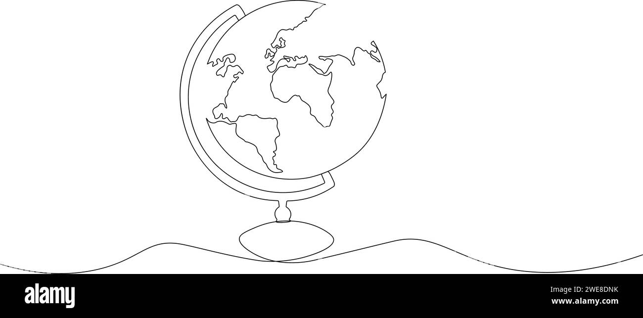 Un disegno a linee continuo del globo scolastico.Mappa del mondo disegno a linee di scarabocchio. Simbolo della mappa della terra disegnata a mano. Isolato. Illustrazione vettoriale Illustrazione Vettoriale