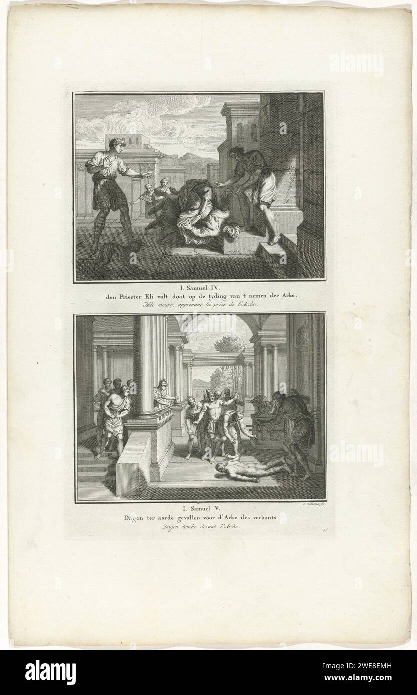 Il prete Eli cade dalla sua sedia e l'immagine Dagon cade sulla terra, Jacob Folkema, 1791 stampa due esibizioni bibliche da 1 Sam. 4 e 5. Il sacerdote Eli cade dalla sua sedia e muore quando sente che l'Arca dell'alleanza è stata presa, e l'immagine di Dagon cade sulla terra accanto all'Arca dell'alleanza. Due esibizioni di un piatto, ognuna con un titolo in olandese e francese. Completamente numerato in basso a destra: 46. Editore: Amsterdampublisher: Dordrecht paper etching Eli, sentendo della cattura dell'arca, cade dal suo posto e muore. La statua di Dagon ad Ashdod cade Foto Stock