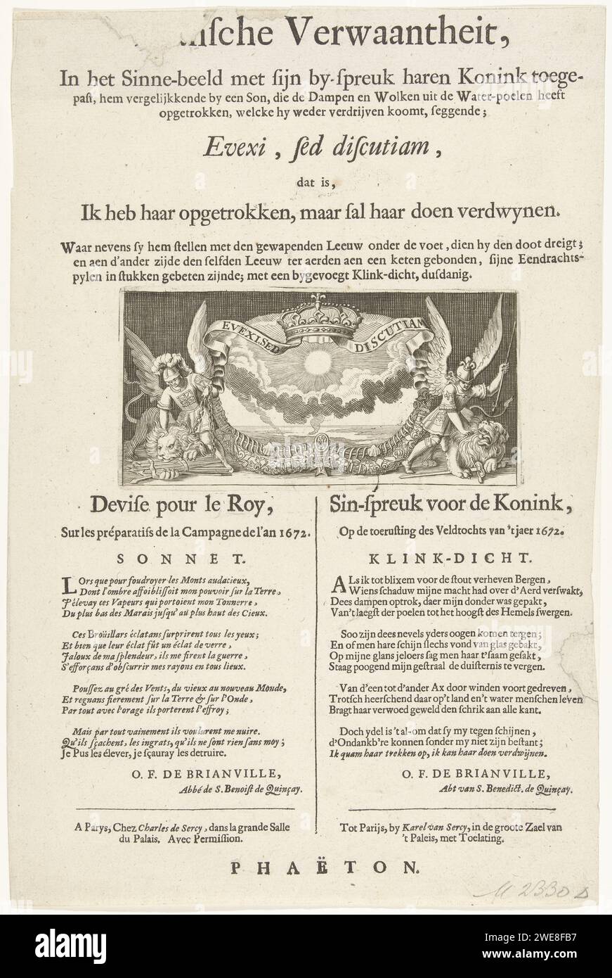Allegoria francese in cui Luigi XIV si confronta con The Sun, 1672, Anonymous, dopo Sébastien Leclerc (i), versione olandese stampata nel 1672 di una rivista francese originale in cui la guerra con i Paesi Bassi è giustificata. Con una dichiarazione dell'emblema del re francese, in cui paragona il sole e in cui viene superato il Leone dei Paesi Bassi (FMH n. 2331a). Sotto lo spettacolo il francese Vers, e la traduzione olandese, sui preparativi che i francesi preparano per la campagna nel 1672. La rivista è stata firmata con il nome "Phaëton". L'emblema francese originale è stato realizzato da Sebastien le Clerc. Nord Foto Stock