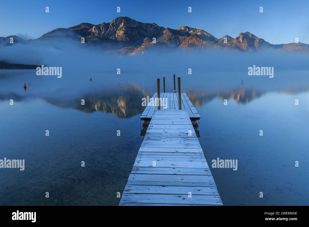 Luce mattutina sul lago di fronte alle montagne, riflesso, estate, lago Kochelsee, alta Baviera, Baviera, Germania, Europa Foto Stock