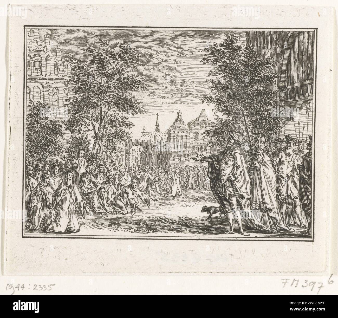 Karel V punisce gli abitanti di Gand, 1540, Simon Fokke, 1782 - 1784 stampa Karel V punisce i residenti di Gand, a causa del rifiuto della città di pagare le tasse concordate. Umiliazione pubblica il 3 maggio 1540 con 500 Gentenaren a piedi nudi e inginocchiati intorno al collo con un'imbracatura intorno all'Imperatore e pregando di pietà. Carta dei Paesi Bassi settentrionali, incisione Gand Foto Stock