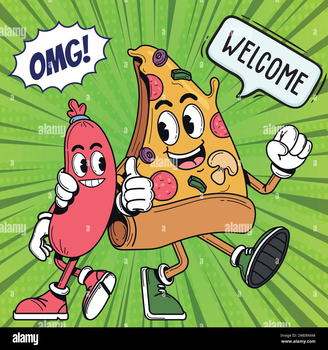 cartoni animati per pizza pop art, hot dog e fast food Illustrazione Vettoriale