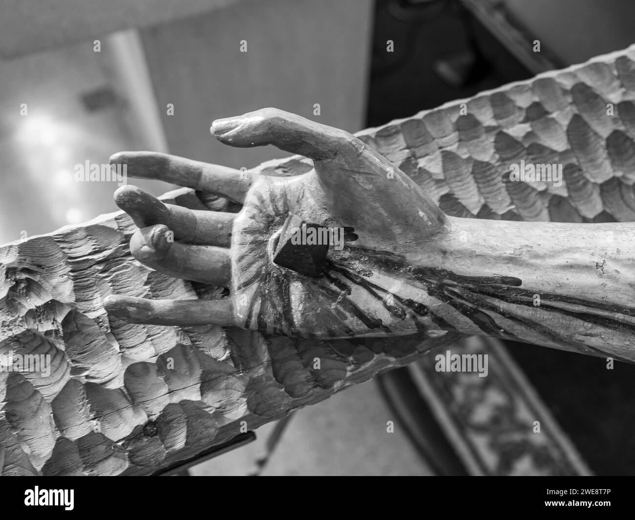 Dettaglio delle mani di Cristo sulla croce. Primo piano di mani. Settimana Santa a Huesca Foto Stock