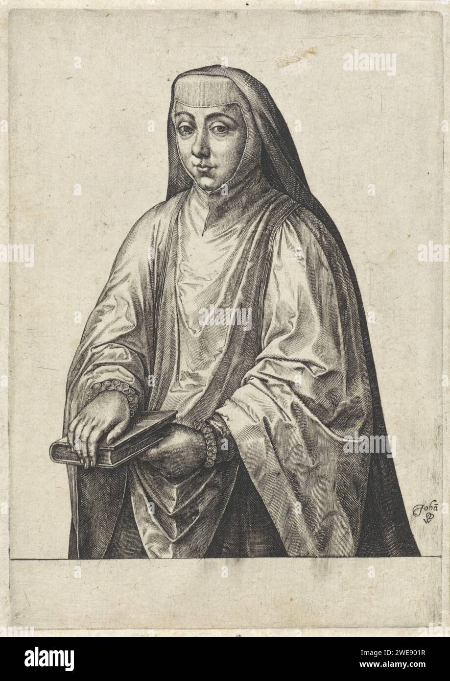 Ritratto di una donna sconosciuta, Johannes Wierix, 1568 - 1576 stampa Ritratto di una donna sconosciuta. Indossa l'abitudine di una suora, un libro nelle sue mani. Con un margine vuoto. Suore per incisione su carta di Anversa. libro Foto Stock