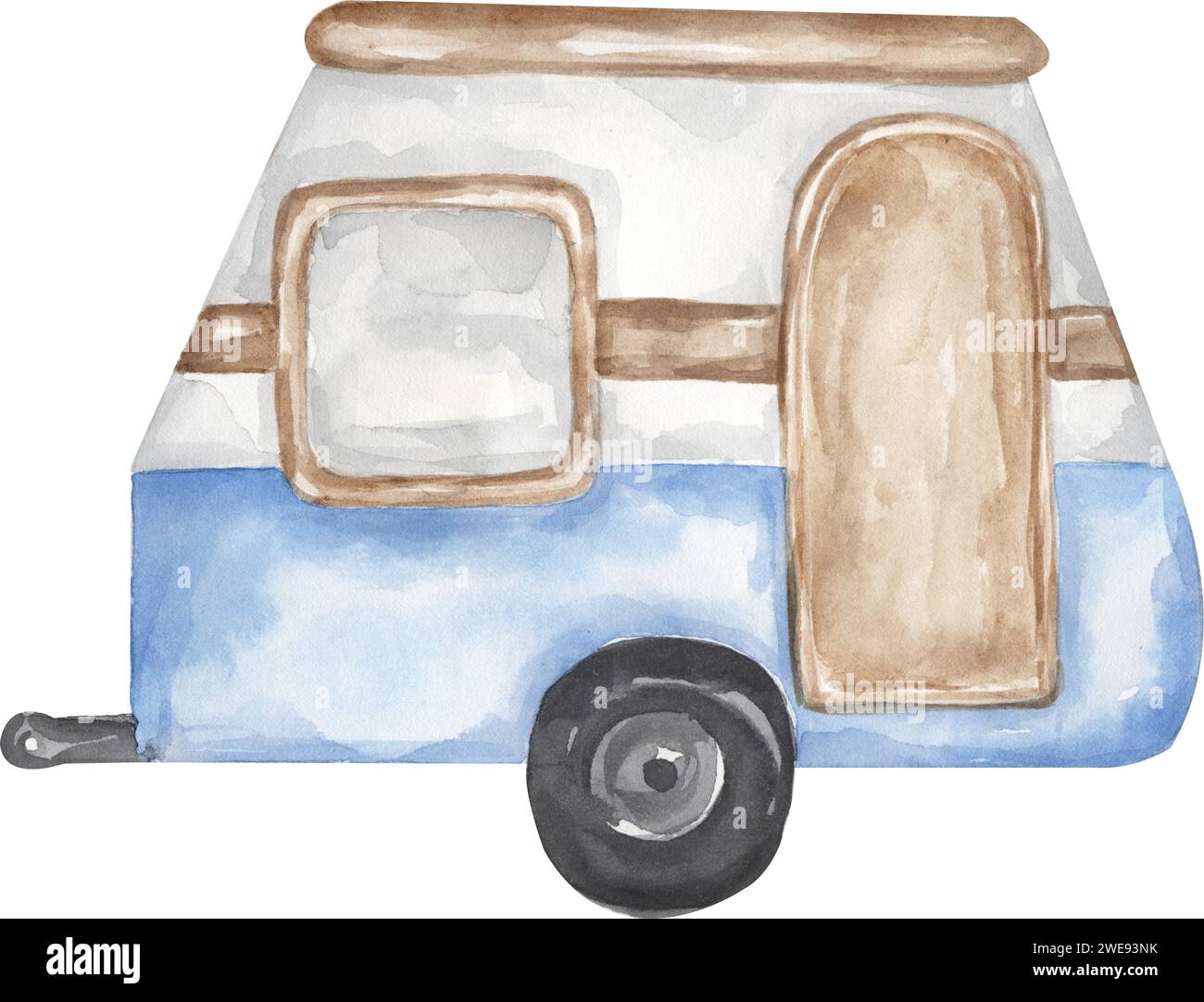 Grazioso clipart del rimorchio blu vintage dipinto a mano. Illustrazione trasporto acquerello. Grafica per il trasporto da viaggio Foto Stock