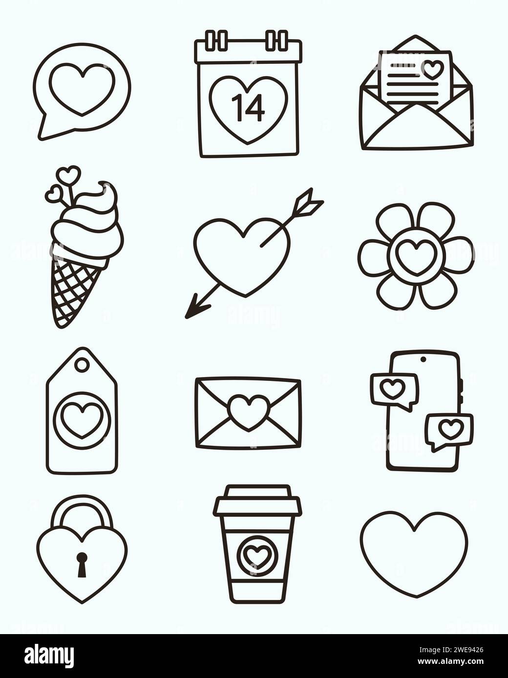 Elementi del set di icone vettoriali isolati per San Valentino. Regali, cuori, buste, dessert, lucchetti e altre decorazioni tradizionali. Illustrazioni in stile cartone animato Illustrazione Vettoriale