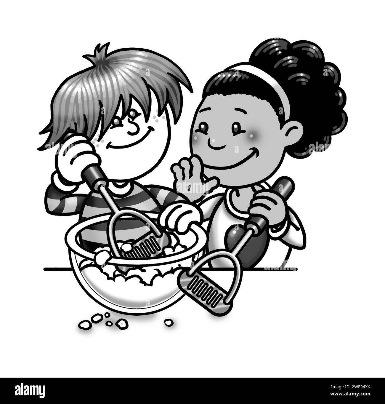Illustrazione artistica in bianco e nero, ragazza nera, ragazzo bianco, cucina insieme, schiacciare le patate in una ciotola con schiacciapatate, attività educativa, famiglia Foto Stock