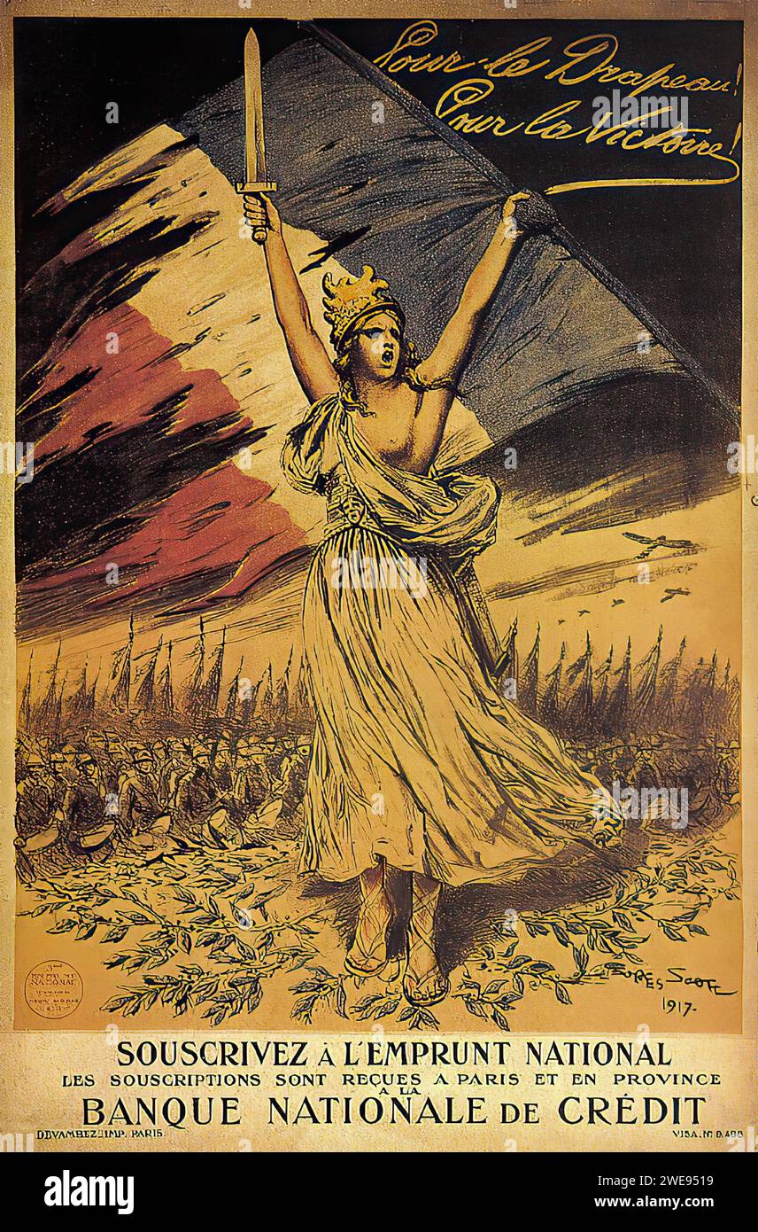 "POUR LE TRIOMPHE SOUSCRIVEZ à l'EMPRUNT NATIONAL" "FOR TRIUMPH SUBSCRIBE TO THE NATIONAL LOAN" Vintage French Advertising mostra una donna che personifica la Francia, brandisce una spada con i soldati e la bandiera francese sullo sfondo. Il poster utilizza uno stile illustrativo realistico tipico della propaganda in tempo di guerra dell'inizio del XX secolo. Foto Stock