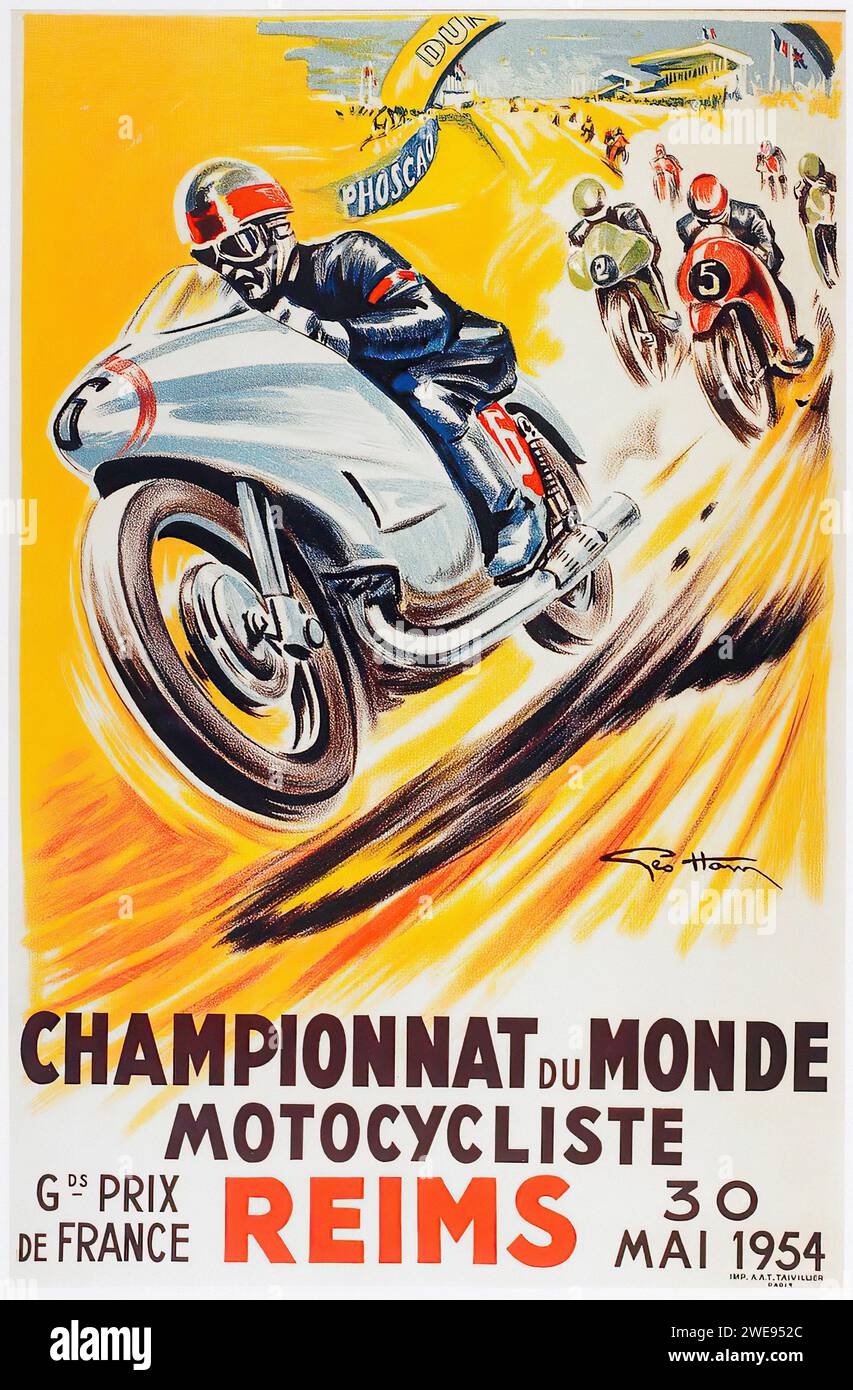 "CHAMPIONNAT DU MONDE MOTOCYCLISTE REIMS 30 MAI 1954" [MOTORCYCLIST WORLD CHAMPIONSHIP REIMS MAY 30, 1954] VINTAGE FRENCH ADVERTISING. Un poster con un motociclista ad alta velocità, con colori vivaci e composizione dinamica, caratteristica delle pubblicità sportive degli anni '1950, che promuove il campionato mondiale di motociclette a Reims. Foto Stock