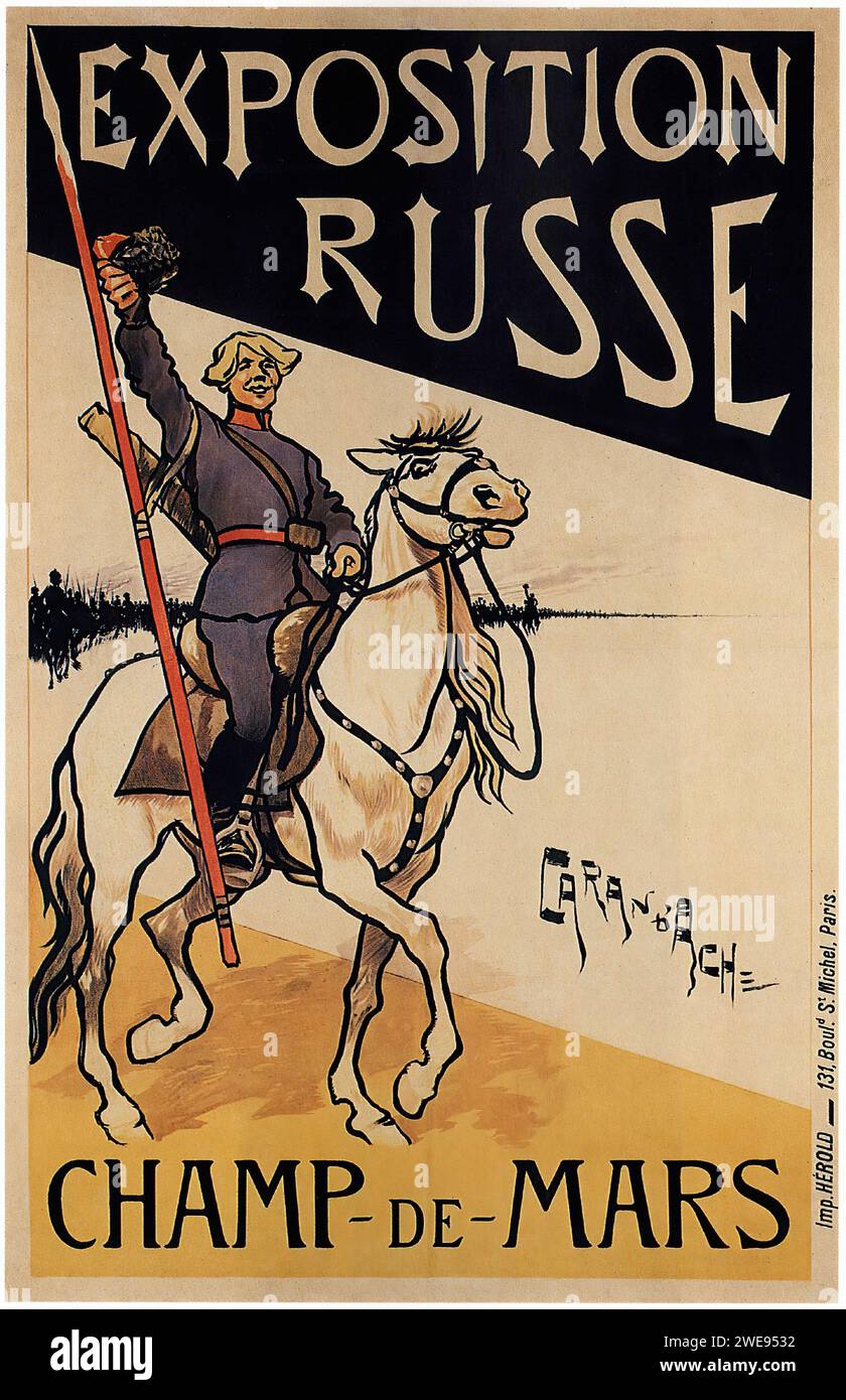 "EXPOSITION RUSSE CHAMP-DE-MARS" ["RUSSIAN EXHIBITION CHAMP-DE-MARS"] pubblicità francese d'epoca per una mostra russa, con un cosacco a cavallo. Lo stile ricorda l'illustrazione degli inizi del XX secolo, con un senso di movimento e fascino rustico. Foto Stock