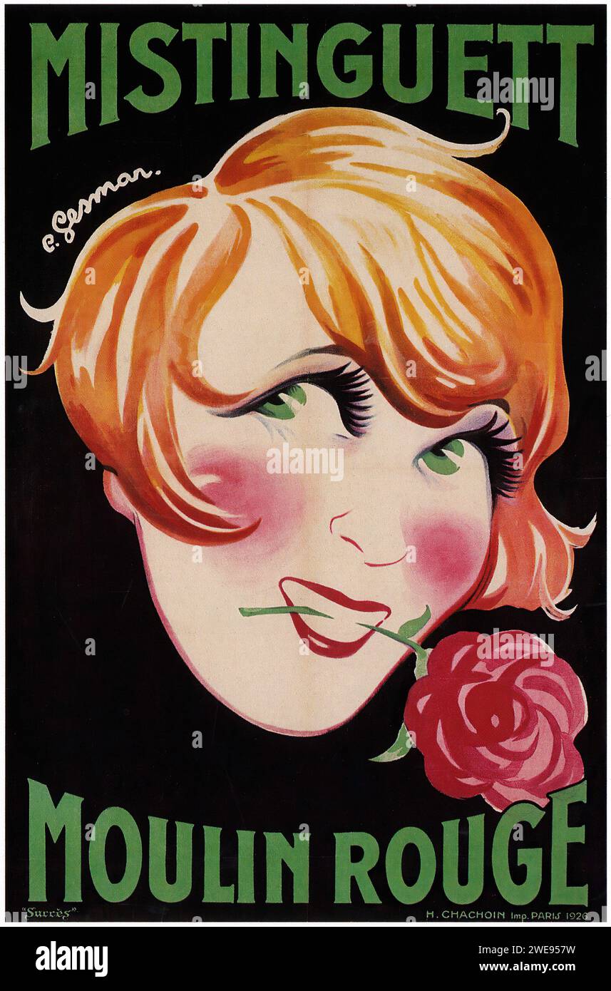 ['MISTINGUETT MOULIN ROUGE'] pubblicità francese d'epoca; Un ritratto di una donna con capelli stilizzati e trucco, che tiene una rosa in bocca. Lo stile grafico è caratteristico dei poster art nouveau dei primi anni del XX secolo, con linee curvilinee e colori vivaci e piatti. Foto Stock