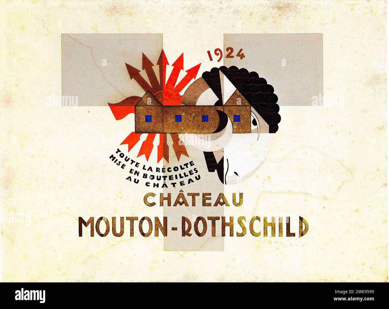 Pubblicità francese vintage "1924 CHATEAU MOUTON-ROTHSCHILD" per il vino Chateau Mouton-Rothschild con testa di ariete stilizzata su forme geometriche e una bottiglia di vino. Il design riflette lo stile cubista, utilizzando forme astratte ed elementi collage. Foto Stock