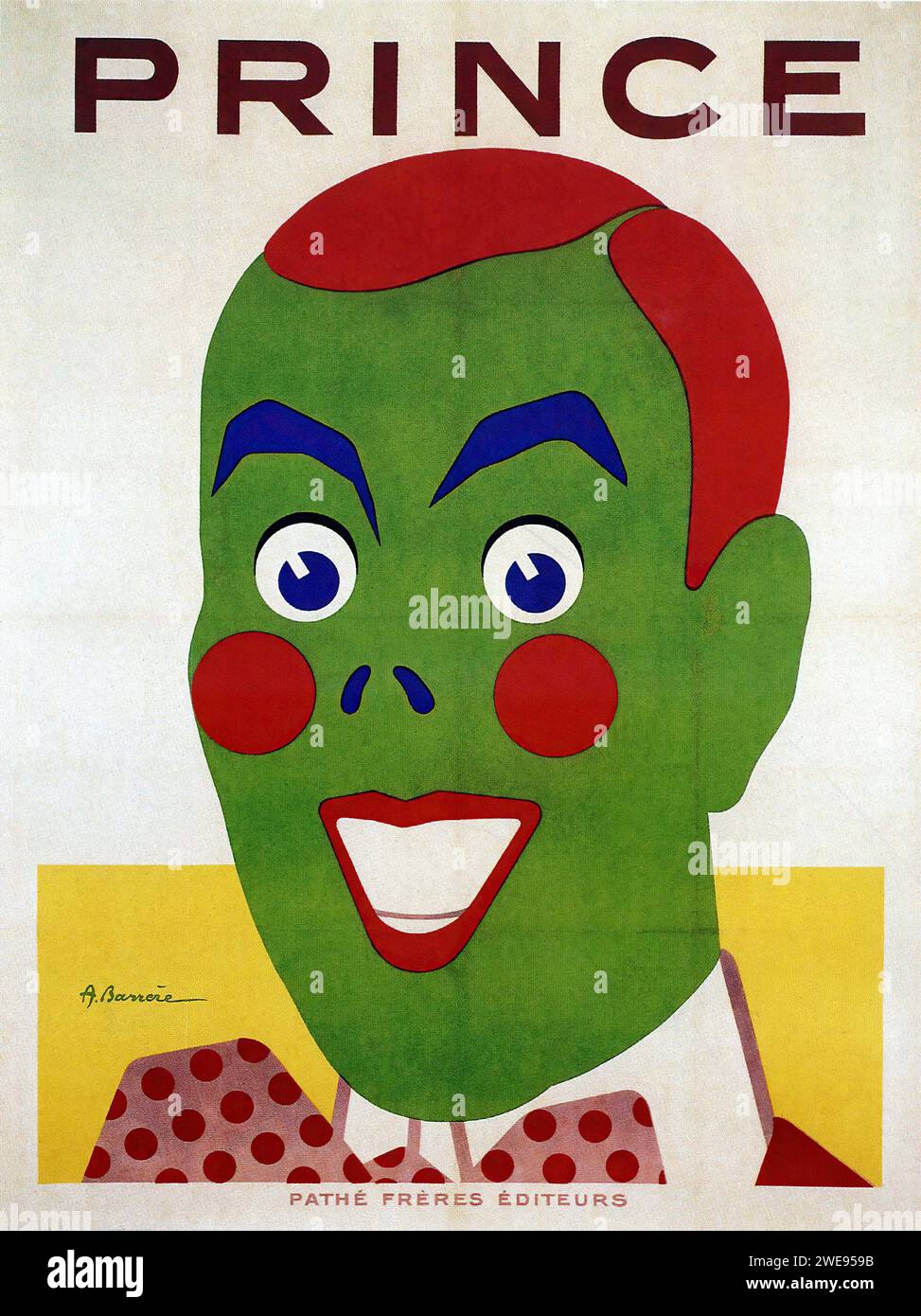 Pubblicità francese "PRINCE" Vintage. Una rappresentazione stilizzata di una figura simile a un clown con pelle verde, capelli rossi e caratteristiche del viso esagerate, in una combinazione di colori semplificata e audace, caratteristica del design modernista dell'inizio del XX secolo. Foto Stock