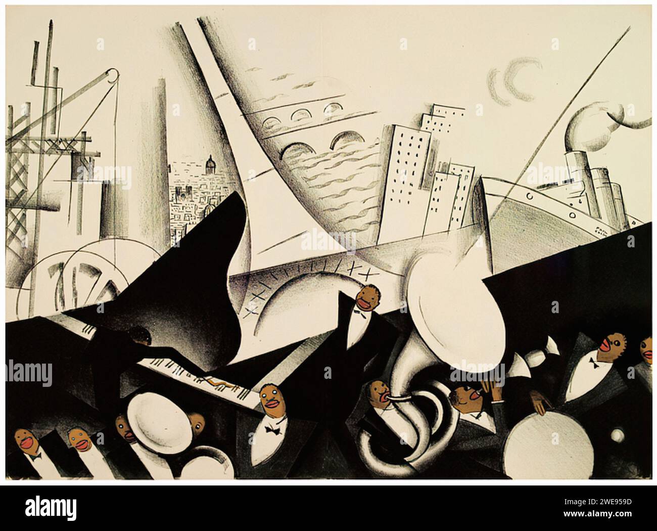 Vintage French Advertising. Una composizione astratta con strumenti musicali, forme geometriche e figure senza volto, ambientata sullo skyline urbano. Il design riflette gli stili cubisti e Art Deco, popolari nell'arte dell'inizio del XX secolo. Foto Stock