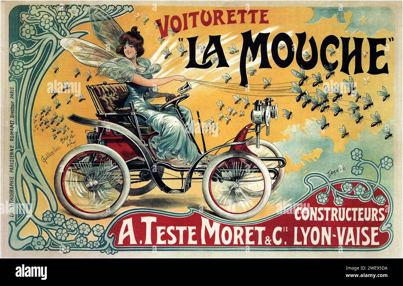 "VOITURETTE "LA MOUCHE" A.TESTE MORET & C. LYON-VAISE" ["LITTLE CAR "THE FLY" A.TESTE MORET & CO. LYON-VAISE'] pubblicità francese d'epoca che mostra un'immagine stravagante di una donna che guida una piccola auto circondata da mosche. Lo stile e' Art Nouveau con forme organiche e colori pastello Foto Stock