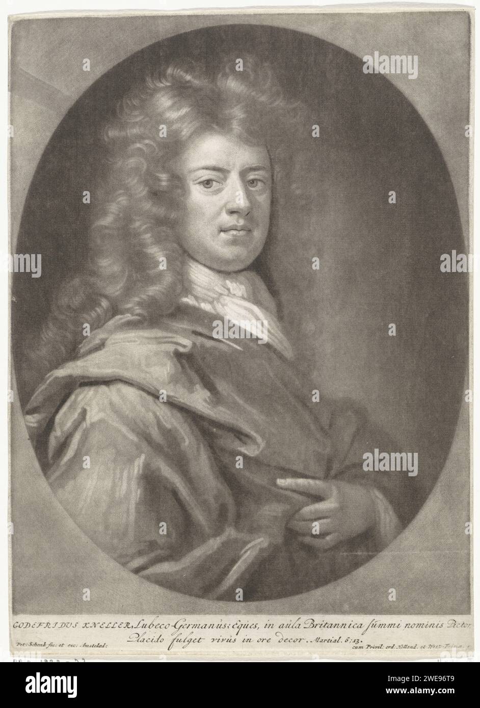 Ritratto del disegnatore e pittore Gottfried Kneller, Pieter Schenk (i), dopo John Smith (Print Maker/ Publisher), 1670 - 1713 stampa Amsterdam carta incisione ritratto, autoritratto del pittore Foto Stock