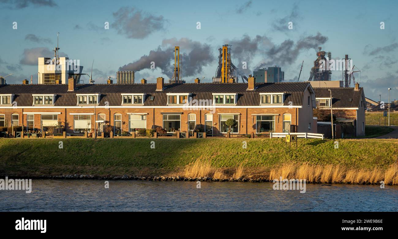 Vista di Ijmuiden, Paesi Bassi, quartiere residenziale colpito dall'industria pesante e cattiva qualità dell'aria Foto Stock