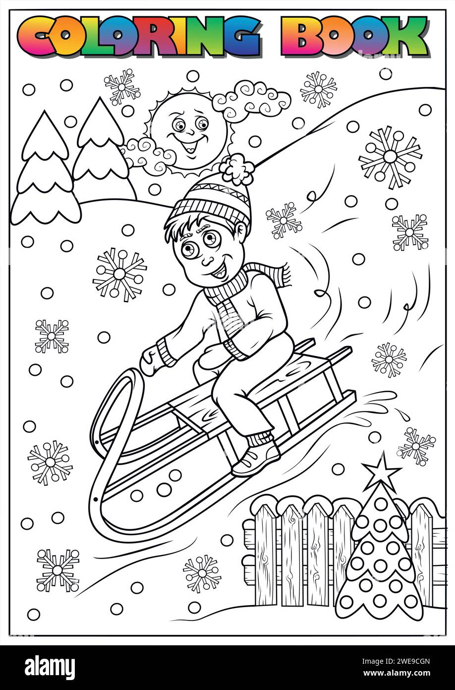 Libro da colorare invernale per bambini - ragazzo su una slitta Illustrazione Vettoriale