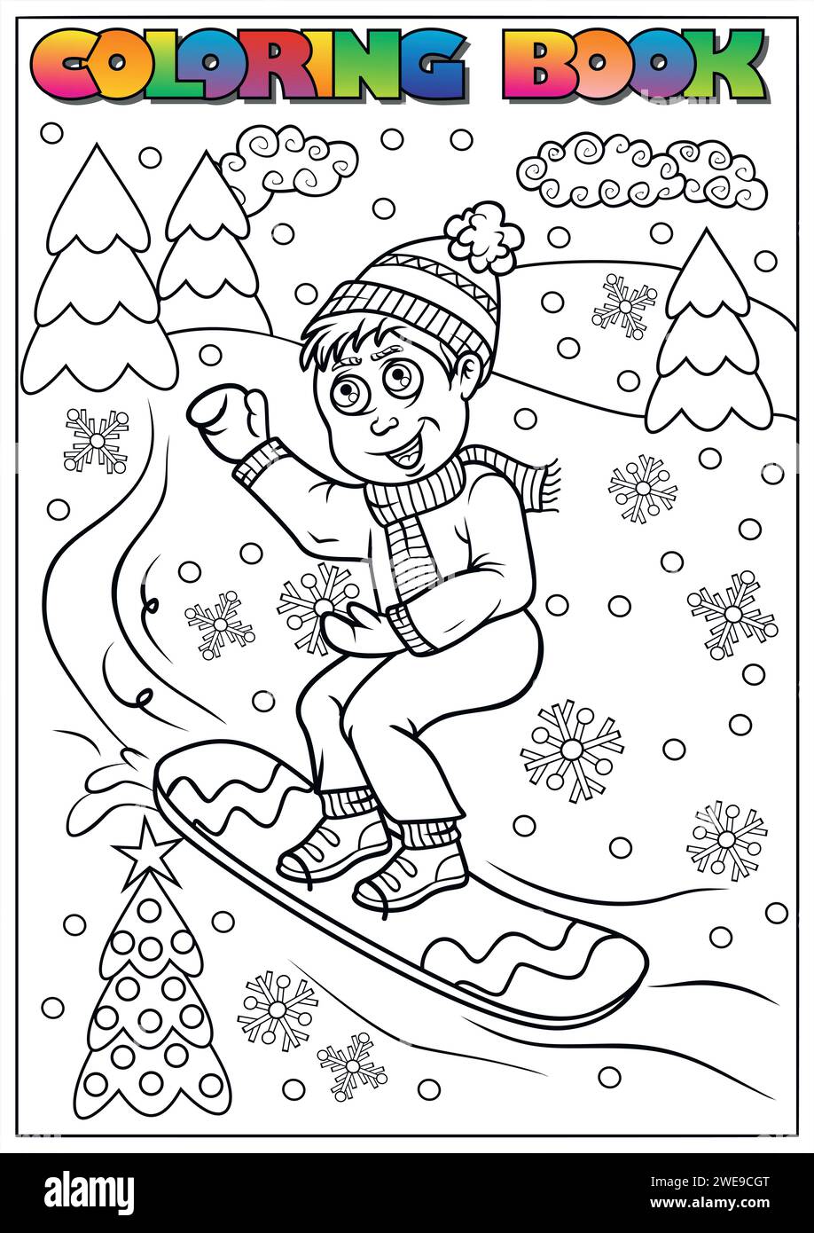 Libro da colorare invernale per bambini - ragazzo su snowboard. Illustrazione Vettoriale