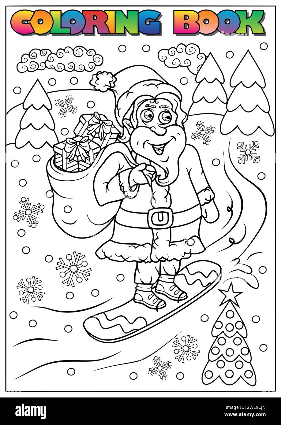 Libro da colorare invernale per bambini - Babbo Natale su uno snowboard Illustrazione Vettoriale