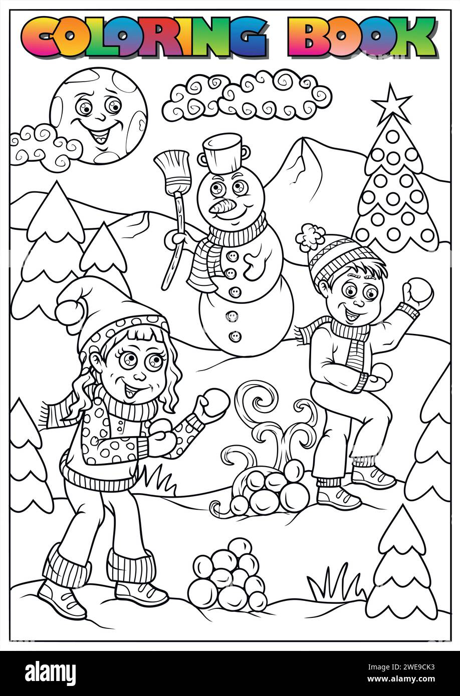 libro da colorare invernale per bambini - i bambini costruiscono un pupazzo di neve e si divertono Illustrazione Vettoriale