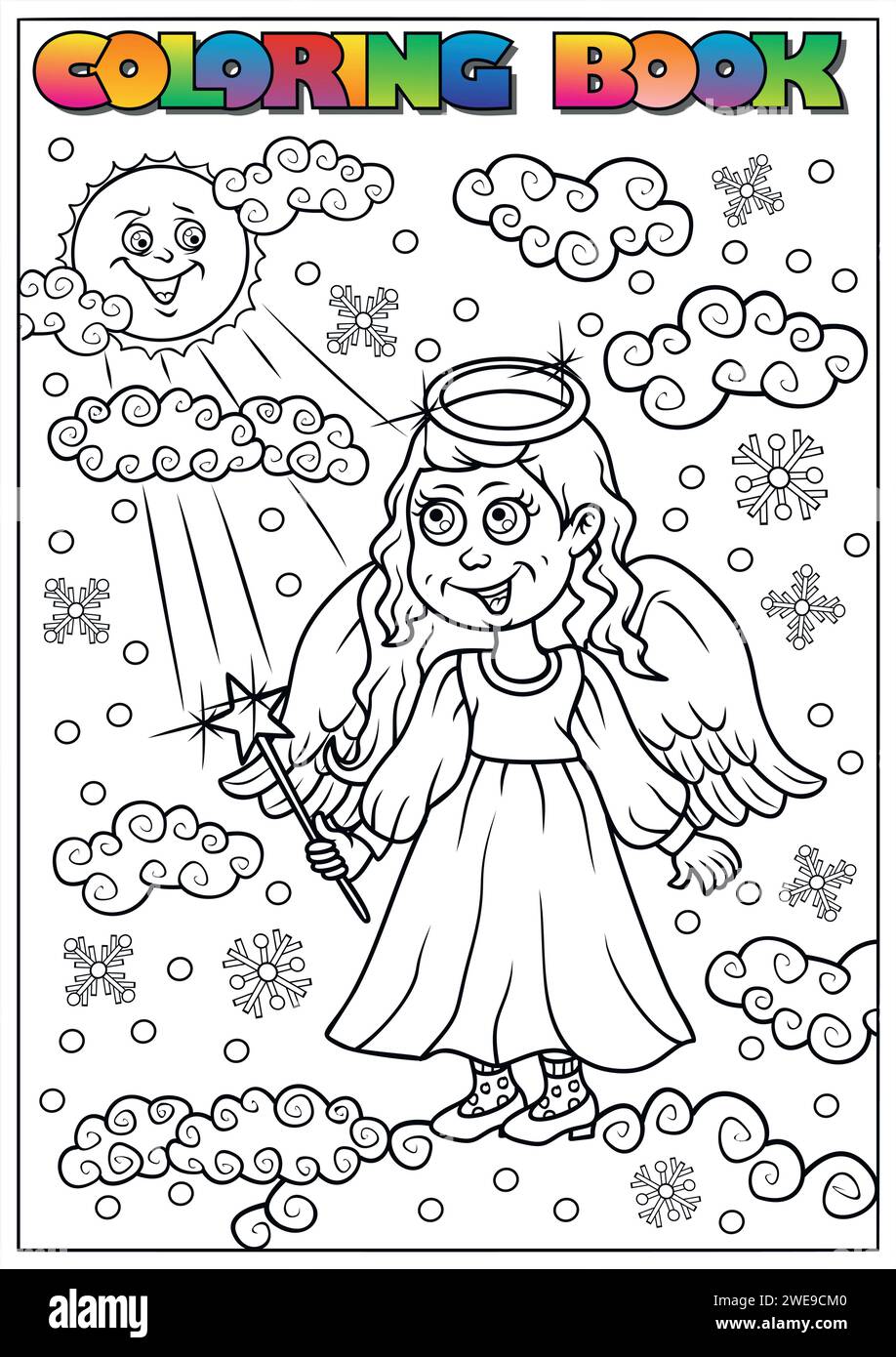 angelo libro da colorare invernale per bambini Illustrazione Vettoriale